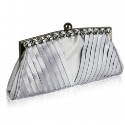 Silver Satin Clutch With Crystal Decoration